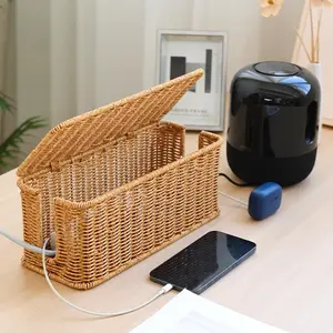 Handwoven Rattan Desktop Cable Organizer Box, Invisible Cord Management Storage, Office Equipment Power Line Clips, Data Cable Sorter