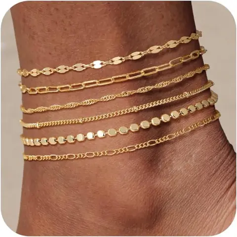 TEWIKY Waterproof Ankle Bracelets for Women, Women 6PCS Thiny Herringbone Box Paperclip Figaro Cuban Link Anklet Set Dainty Gold Jewelry for Women Cute Summer Beach Jewelry For Valentine's Day gifts Gold Plated