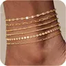 TEWIKY Waterproof Ankle Bracelets for Women, Women 6PCS Thiny Herringbone Box Paperclip Figaro Cuban Link Anklet Set Dainty Gold Jewelry for Women Cute Summer Beach Jewelry For Valentine's Day gifts Gold Plated