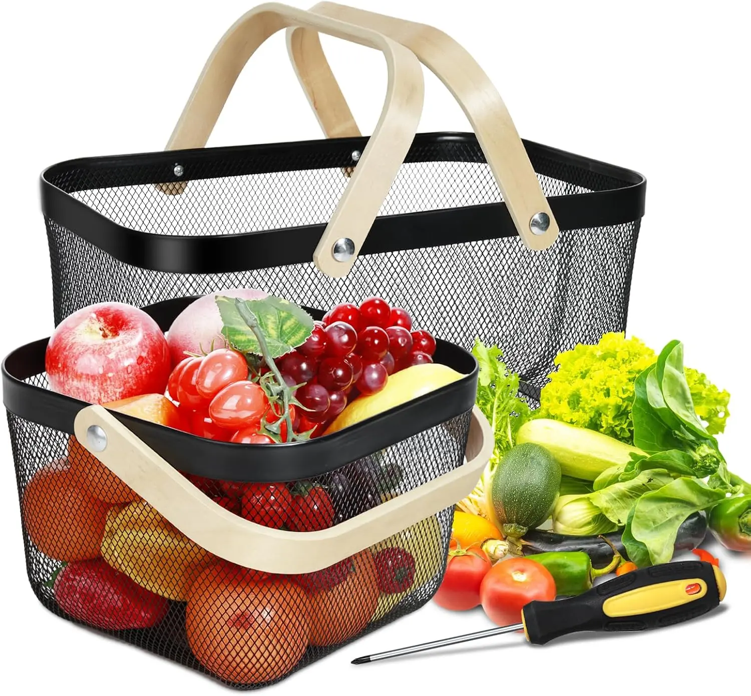 2 Pack Garden Harvest Basket, Metal Mesh Wire Picnic Basket with Handle |   for Picnic, Vegetable Gathering, Fruit Picking, Kitchen Storage, Black, Sturdy, Lightweight, Home Closet, Office, Gift.