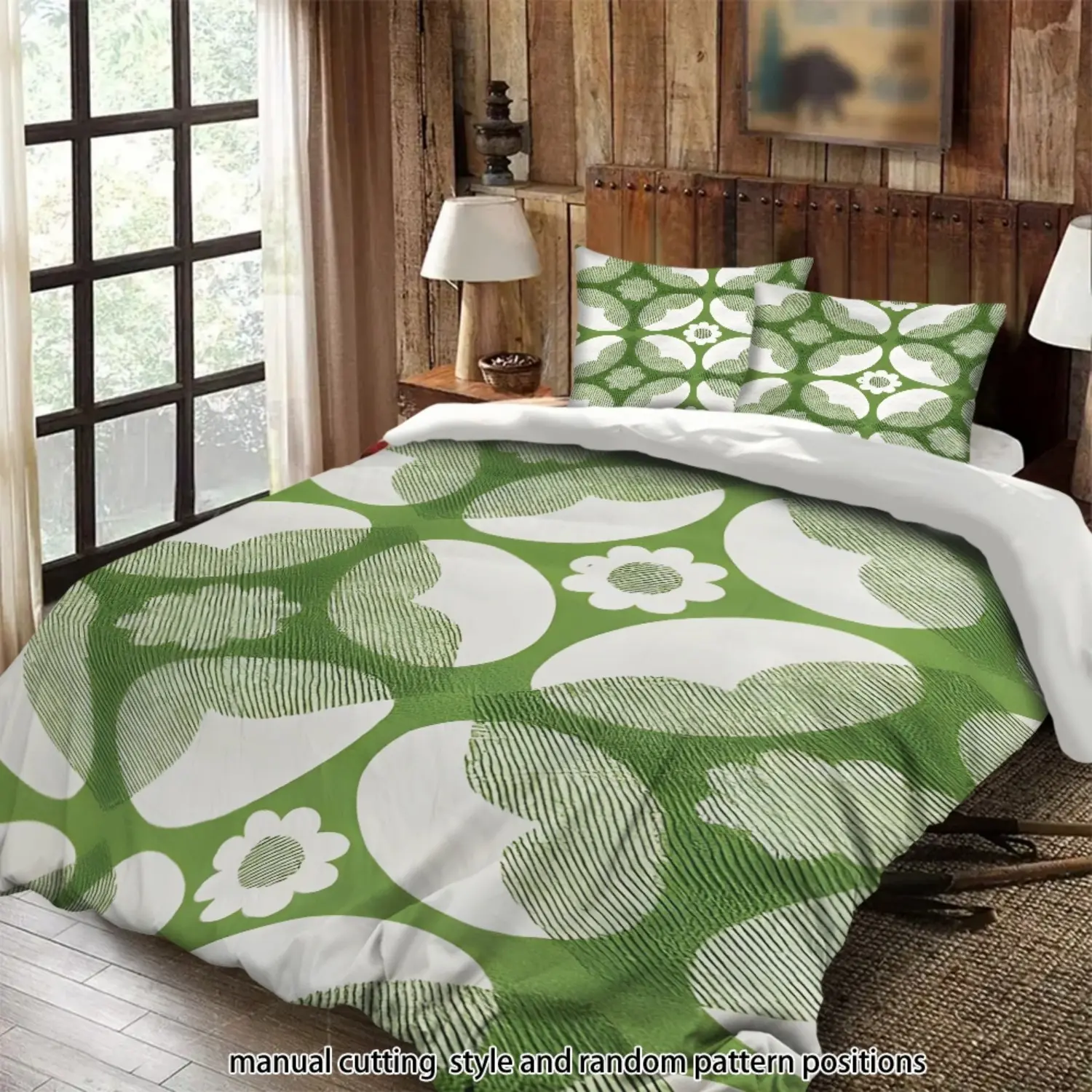 Green and white circular print 3-piece comforter set, bedding set, suitable as a gift.