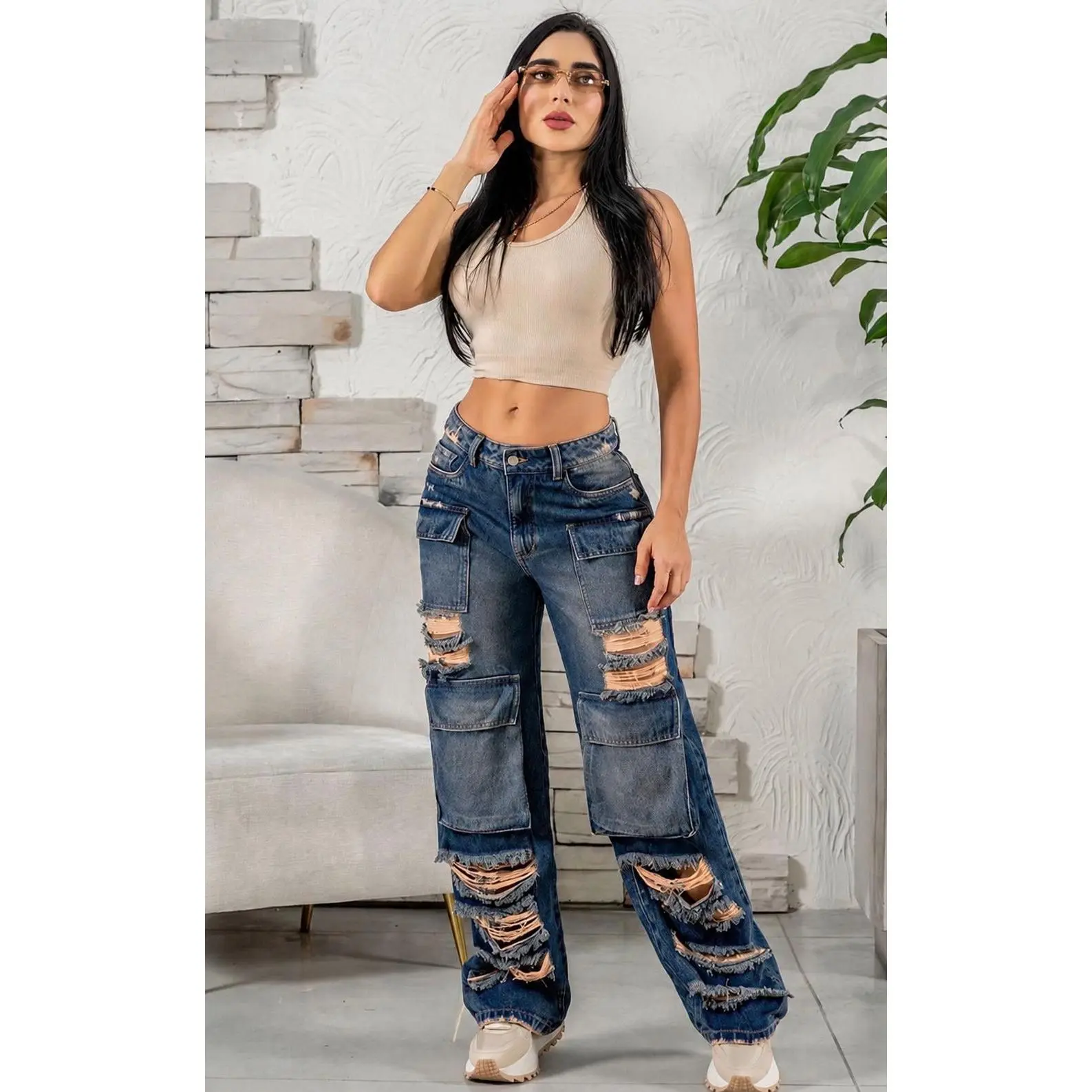 Colombian Cargo Jeans for Women Ref 630 – High Waist Rigid Denim Wide Leg Distressed Style