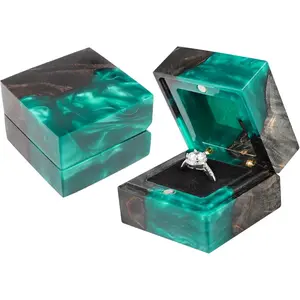 Wedding Ring Box, Engagement Ring Box with Single Slot Handcrafted Stabilized  and   Box for Proposal Wedding Ceremony,  Organizer Elegant and Retro Ring Holder Box(Green)