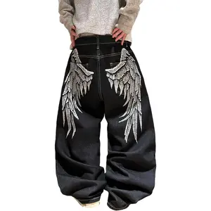 Men's Wide Leg Jeans Large Wings Print Pattern on Back Pocket Baggy Loose Fit Denim Pants Skater Hip Hop Jeans