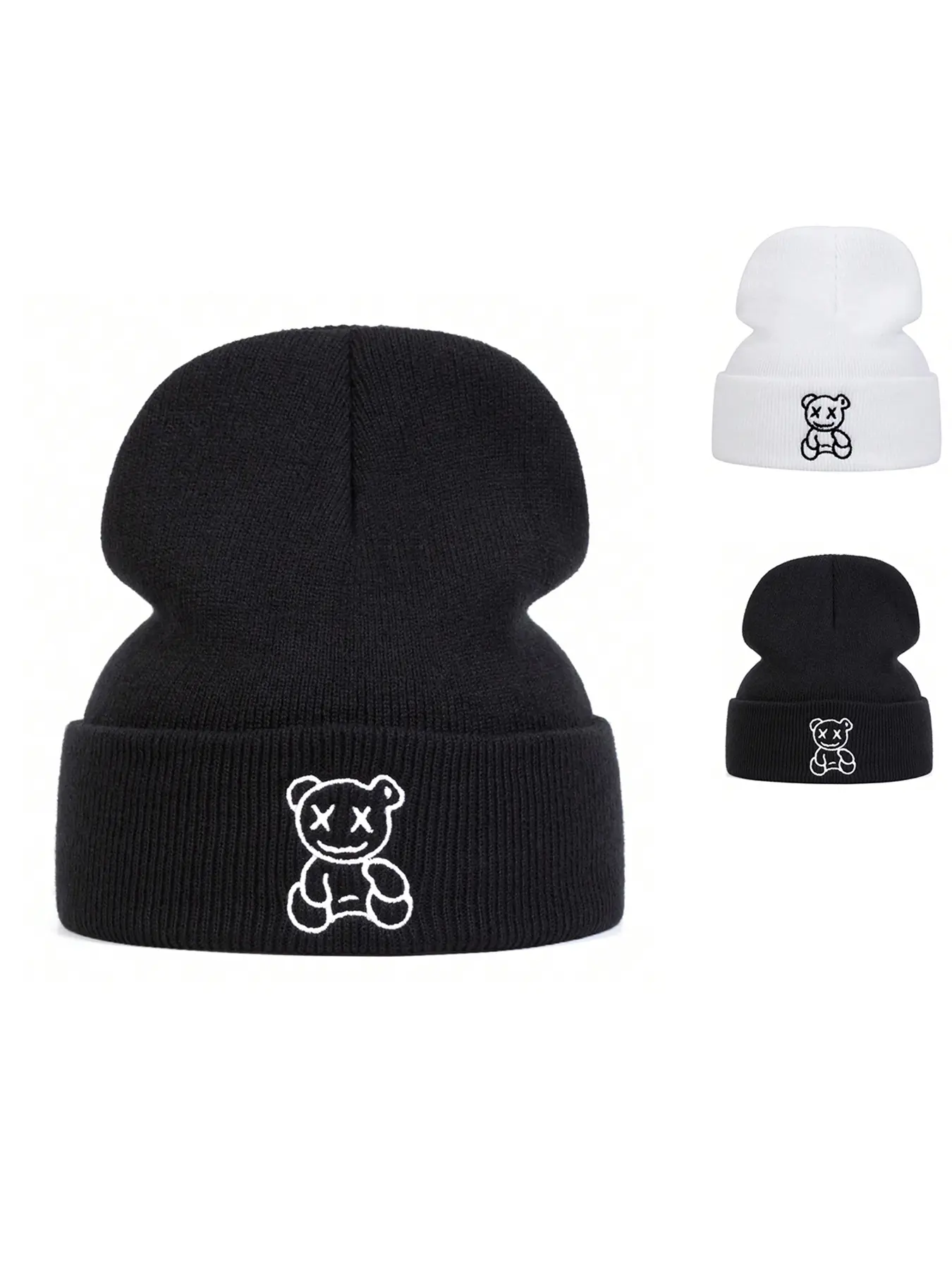 Unisex Bear Embroidered Knit Beanie Hat, Animal Hats, Cozy Beanie, Adjustable Outdoor Sun Protection Cap for Travel Beach Vacation, Casual Fitted Woven Fabric