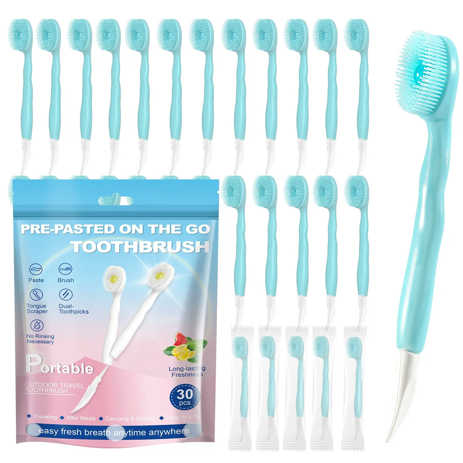 30-Piece 4-in-1 Disposable Toothbrush Set On-the-Go Oral Care Kit – Toothpaste + Toothpick + Tongue Scraper | Individually Wrapped, Soft Bristles, Perfect for Office, Camping & Travel