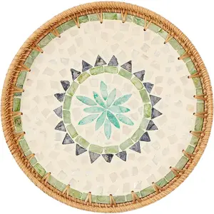 Round Rattan Tray with Mother of  Inlay, Rattan Serving Tray with Wooden Base, Decorative Wicker Basket for Table Decor, Storage and Display of Coffee Bread  Fruit (Bohemia)