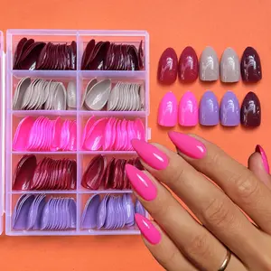 240Pcs Hot Pink Press on Nails Medium Almond - 5 Colored Reusable Fake Nails Glue on, Thick Natural Fit Artificial Nails Short Stiletto, Salon Quality Stick on Nails for Women Summer Decoration