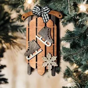 Rustic Winter Sled with Skates and Snowflake Design - Laser-Cut Wooden Ornament for Christmas Tree Decor