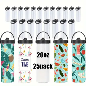 25pack Sublimation Stainless Steel Straight Tumbler with Plastic Lid+ Black Handle Lid+Plastic Straw, 20oz Stainless Steel Double Insulated Tumblers, Portable Tumbler Sports Car Cup with Handle Cover, Festive Gifts.