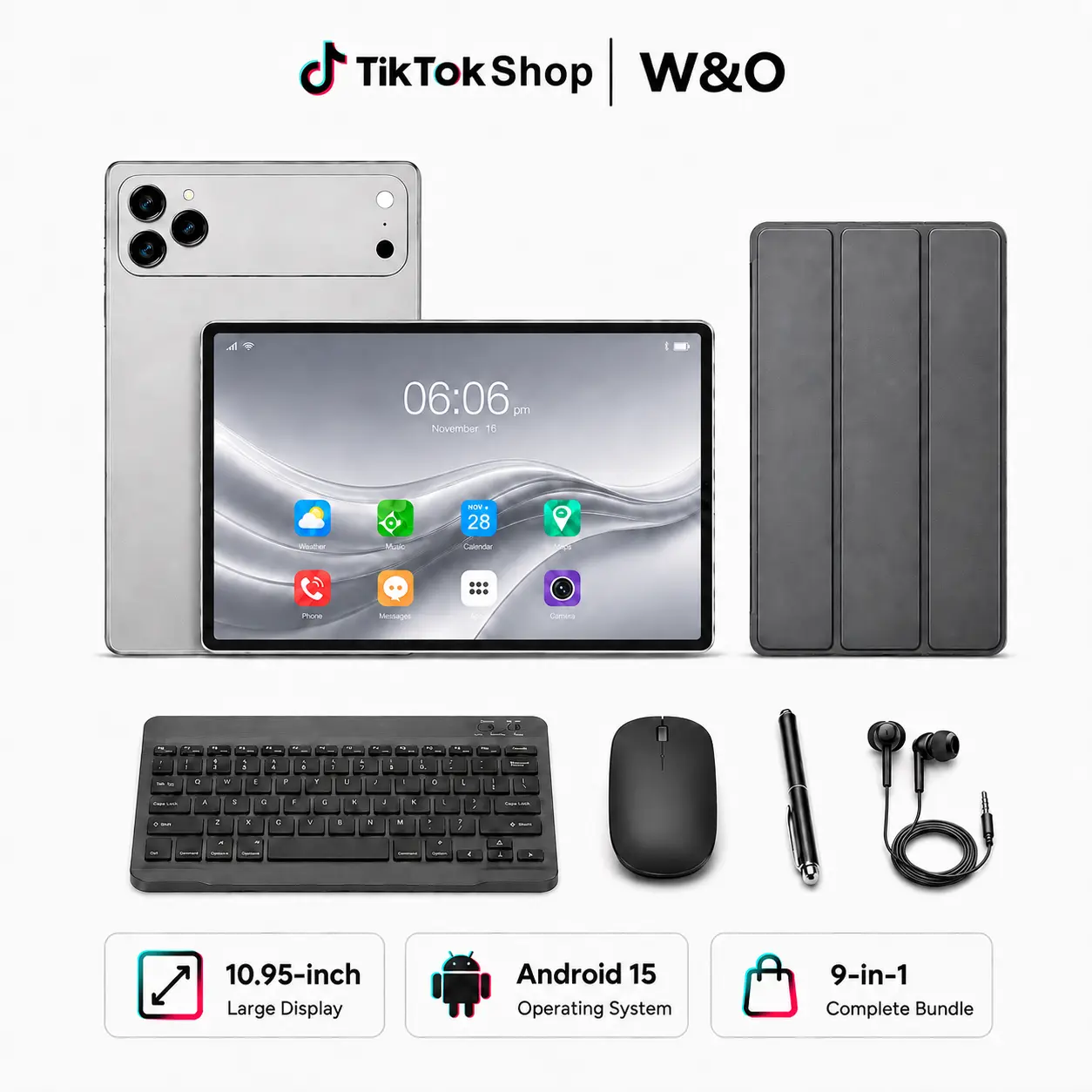 【TikTokShopBackToSchool】W&O X17 Ultra / X26 Max Android 15 Tablet Bundle, 256GB Storage, Tablet with Keyboard, Mouse, Case & Stylus, Dual-Band WiFi, Student Tablet for Study & Entertainment Bluetooth Screen Sim Wireless Card