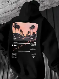 Men's Cityscape Letter Print Hoodie, Casual Fitted Design for Fall & Winter, Essential Daily Wear Piece for Wardrobe Staples