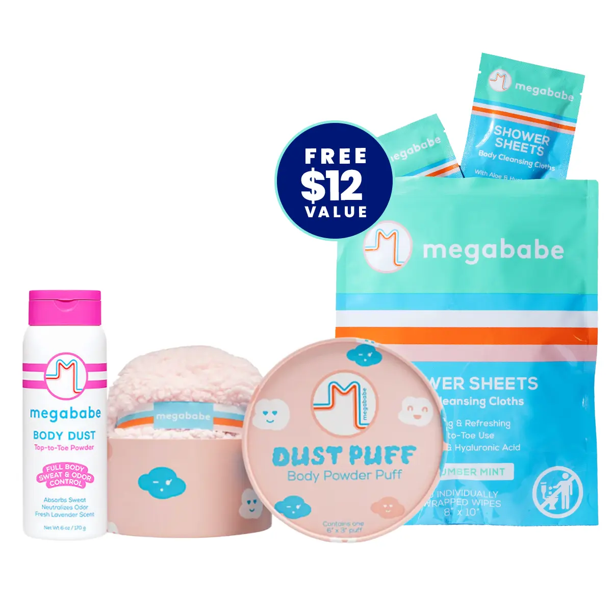 Megababe Body Dust Powder & Dust Puff Applicator Set - Talc-Free, Sweat-Absorbing, Dry Foot Sweat Control Body Care (6 oz)