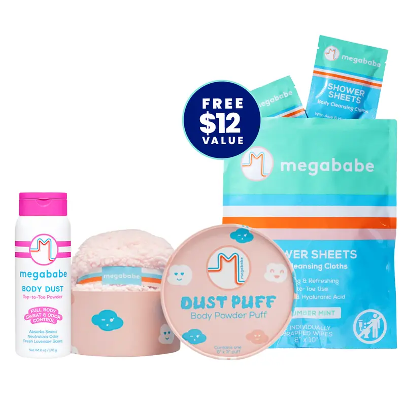 Megababe Dust Duo Cosmetic Body Powder Set - Talc-free, 6oz Bottle, Anti-perspiration, Sweat-Absorbing, All-Inclusive with Dust Puff Applicator