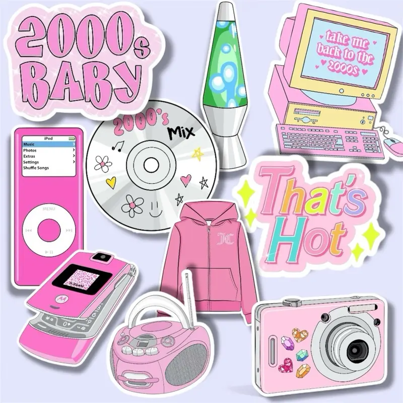 Y2k 2000s Aesthetic Girly Pink Vinyl Waterproof Weatherproof Stickers Set for Retro Fans with Iconic 2000s Accessories