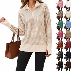 FMEYOA Womens Quarter Zip Sweaters Striped Color Block Knit Sweatshirt Casual Trendy Pullover Tops with Thumb Hole