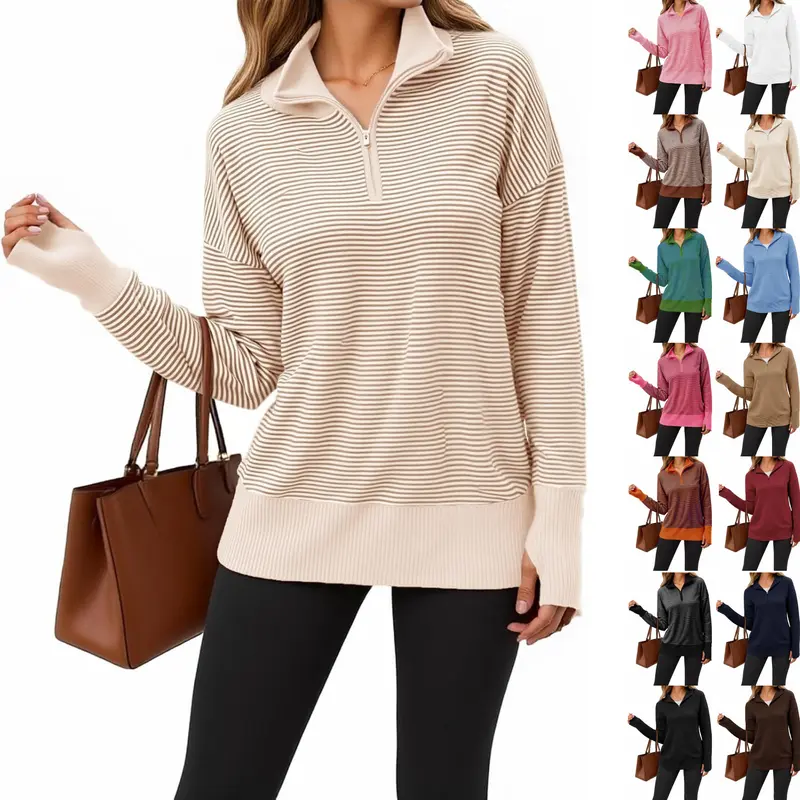 FMEYOA Womens Quarter Zip Sweaters Striped Color Block Knit Sweatshirt Casual Trendy Pullover Tops with Thumb Hole