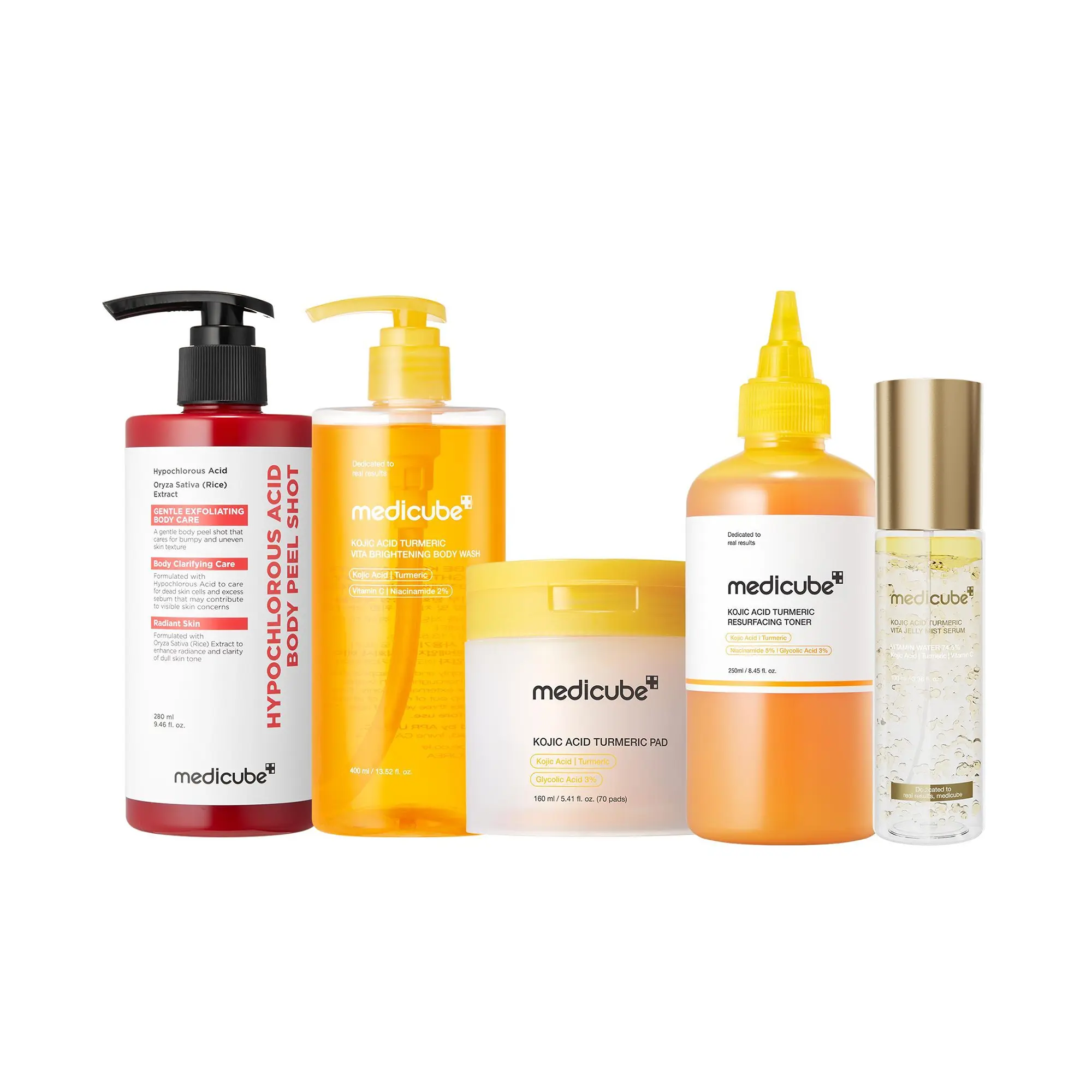 [medicube] Smooth & Clear Body Care Set | Hypochlorous Acid Body Peel Shot, Kojic Acid Turmeric Body Wash, Toner Pad, Toner, Mist | Exfoliating for Dead Skin Cells & Excess Sebum & Clearing for After Spots, Texture & Uneven Skin Tone | K-Beauty