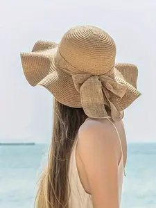 Summer Travel Sun Protection Wide Brim Beach Hat, Outdoor Sun Hat, Wave Bowknot, Versatile Simple Shade Cap, Straw Hat for Women, Vacation Gift, Stylish Hat