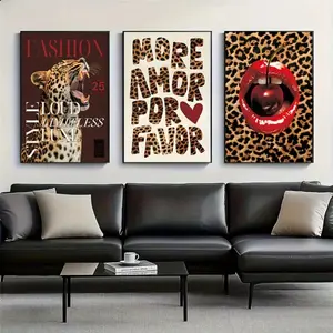 3 Pieces/set of Optional Wooden Frame, Retro Leopard Printed Cheetah Artistic Canvas Vintage Prints Poster, Y2K Funky Chic Style Art, Bedroom Apartment Wall Home Decor Art Poster