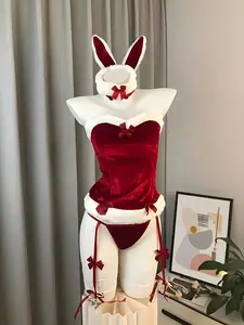 Tempting Bunny Uniform Set Sexy Burgundy Lingerie with Bunny Ears Bow Accents Under Bust Corset Underwire Top for Role Playing Cosplay Christmas Gift