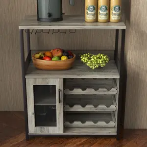 3-Tier Wine Bar Cabinet with LED Lights and without LED, Removable Wine Rack, Glass Holder, and Mesh Door – Modern Sideboard Buffet for Dining Room, Kitchen, or Living Room, Contemporary Liquor Storage