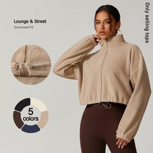 TIMEOFF Women's Oversized Long Sleeve Fleece Zip-Up Jacket - High Neck, Adjustable Hem, Minimalist Basic Outdoor Coats for Casual Daily Lounge & Streetwear
