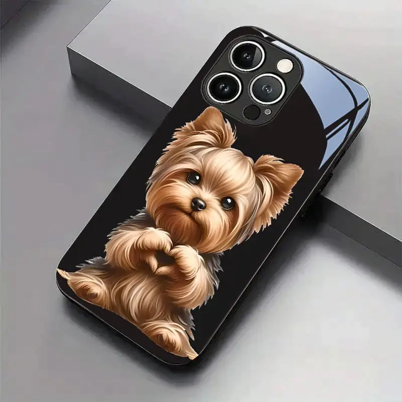 Heartbeat Yorkshire Terrier Pattern New Tempered Glass Phone Case for iPhone 17 Air/17 Pro/17 Pro Max/17/16/15/14/13/12/11/16 Plus/16 Pro/16 Pro Max/15 Plus/15 Pro/15 Pro Max/14 Plus/14 Pro/14 Pro Max/13 Pro/13 Pro Max/13/12 Pro/12 Pro Max/12/11, Four Sea