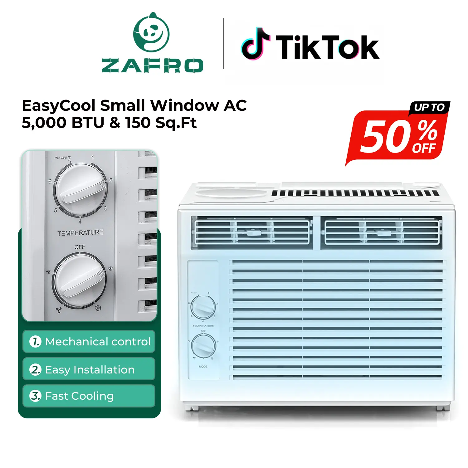 ZAFRO 5000BTU Small Window Air Conditioner - Window Type Aircon, Cools Up to 250sq.ft, 7 Temp Levels, 2 Modes, 2 Fan Speeds, Quiet Operation, Reusable Filter, Eco Mode, 24-Hour Timer, Ideal for Home & Watch Parties