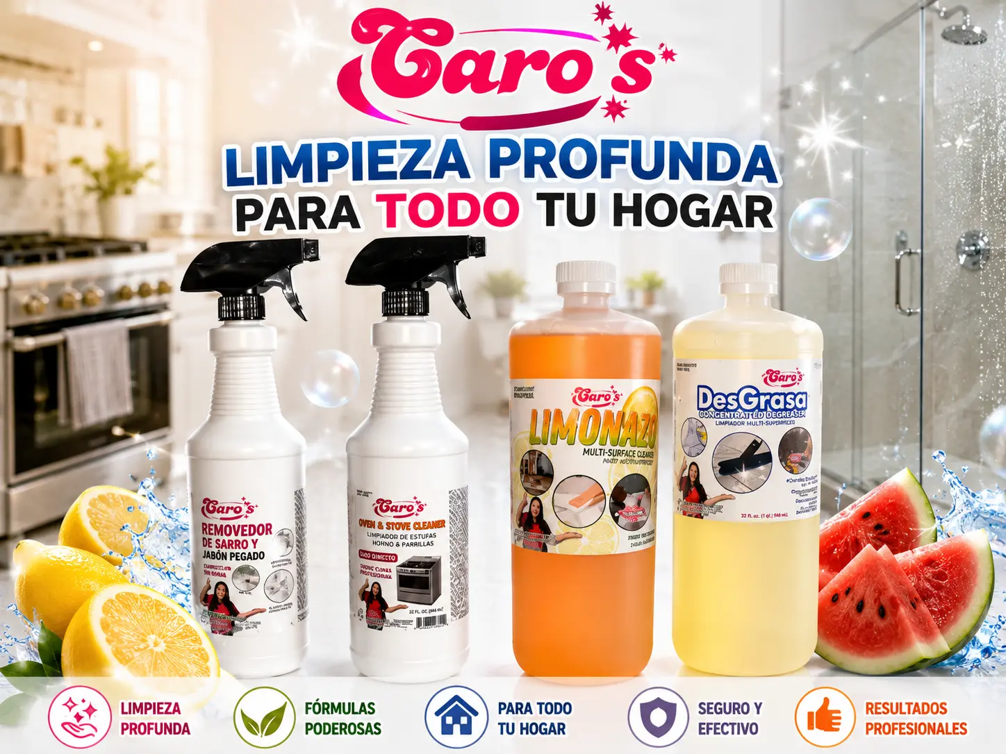 Caro's Ultimate Team Cleaning Pack - Oven & Stove Cleaner, Soap Scum Hard Water Remover, Limonazo Multi-Surface Cleaner, DesGrasa Concentrated Degreaser Kitchen, Bathroom and Houshold Cleaners 32 fl.oz