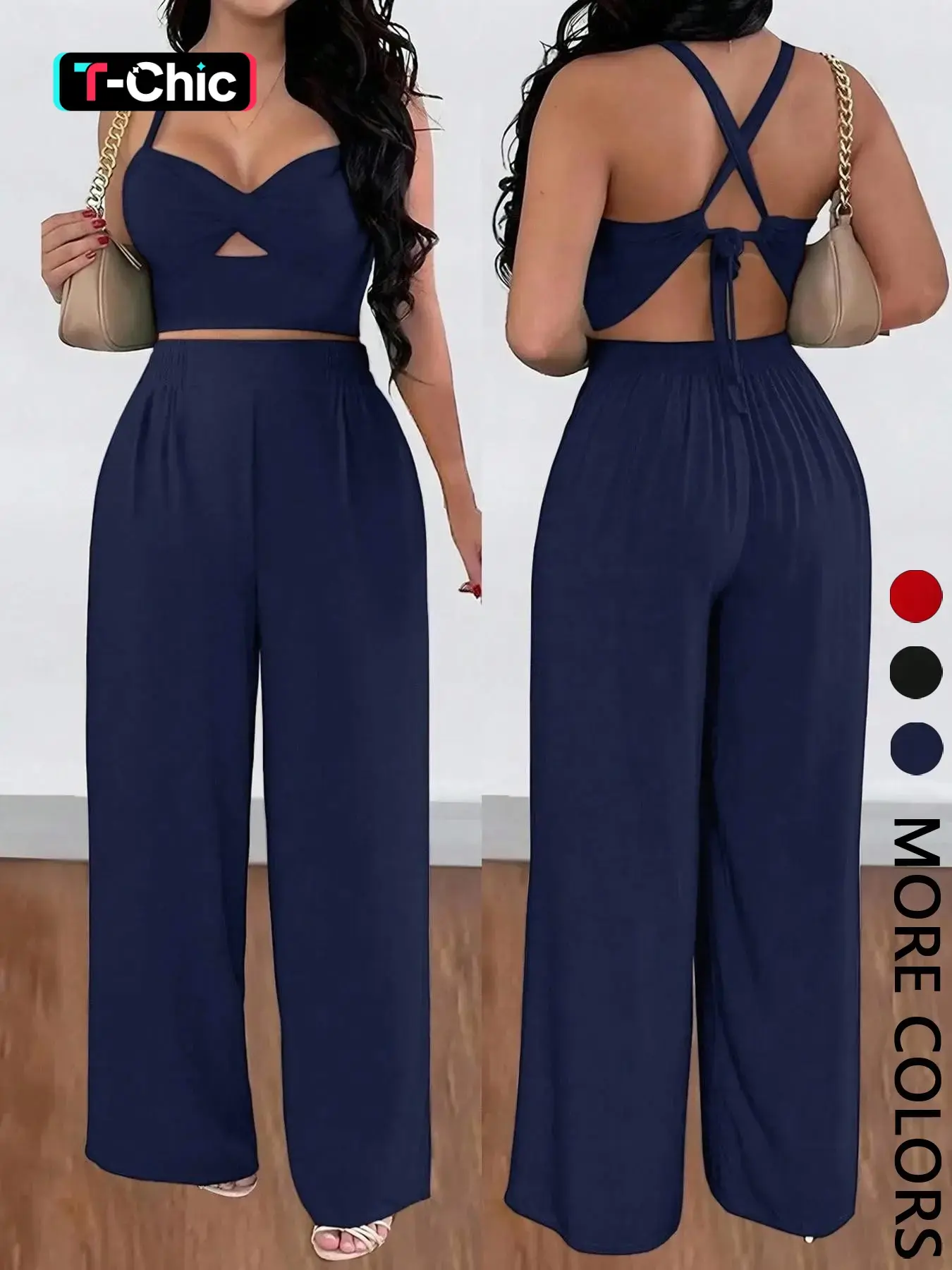 Women's Sexy Vacation Casual Two-Piece Set, Chic Knot Front Hollow Out Short Top, Cross Back Tie Wide Leg Pants, Summer Fashion Womenswear Style