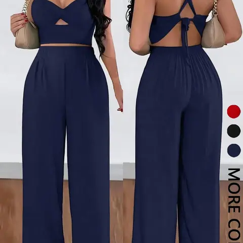 Women's Sexy Vacation Casual Two-Piece Set, Chic Knot Front Hollow Out Short Top, Cross Back Tie Wide Leg Pants, Summer Fashion Womenswear Style, Two Pieces Sets