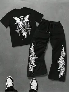 Men's Fashion Casual Two-Piece Set, Graphic Angel Print Round Neck Short Sleeve T-Shirt & Drawstring Wide Leg Pants, Spring Summer Wear Clothes