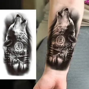 Black Wolf and Moon Forest Temporary Tattoo Sticker-Waterproof and Durable Realistic Fake Tattoo Sticker, Suitable for Arms, Thighs, Legs-Perfect Choice for Adults