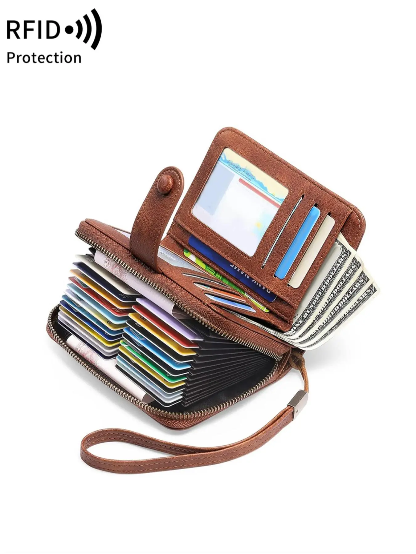 Women's Vintage Style RFID Blocking Wallet, Fashionable Multi Card Slot Card Holder with Wrist Strap, Portable Card Holder for Women, Credit Card Organizer