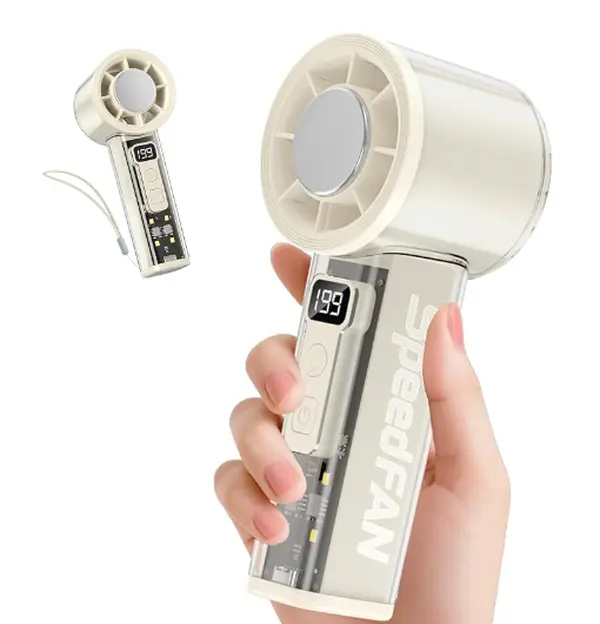 Compact Portable Handheld Turbo Fan - 5-Speed Cooling, USB-C Rechargeable, LED Display, Flashlight, Cooling+Light Functionality