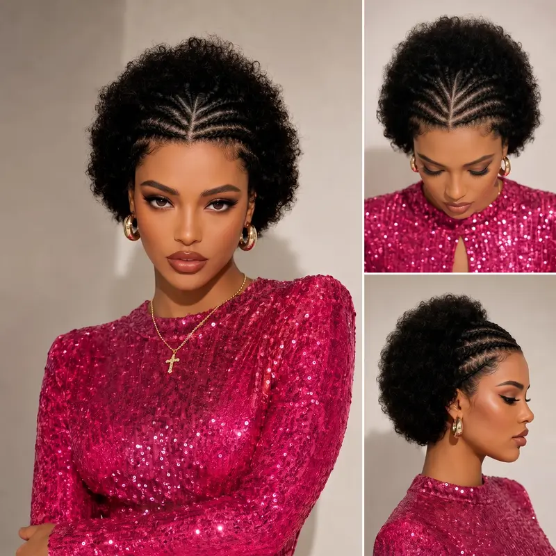 Onetide Human Hair Wigs Pre-Braided 13x4 HD Lace Frontal Afro Kinky Wig, 12 Cornrow Braids Middle Part Fluffy Short Retro Curly Human Hair Wig for Women