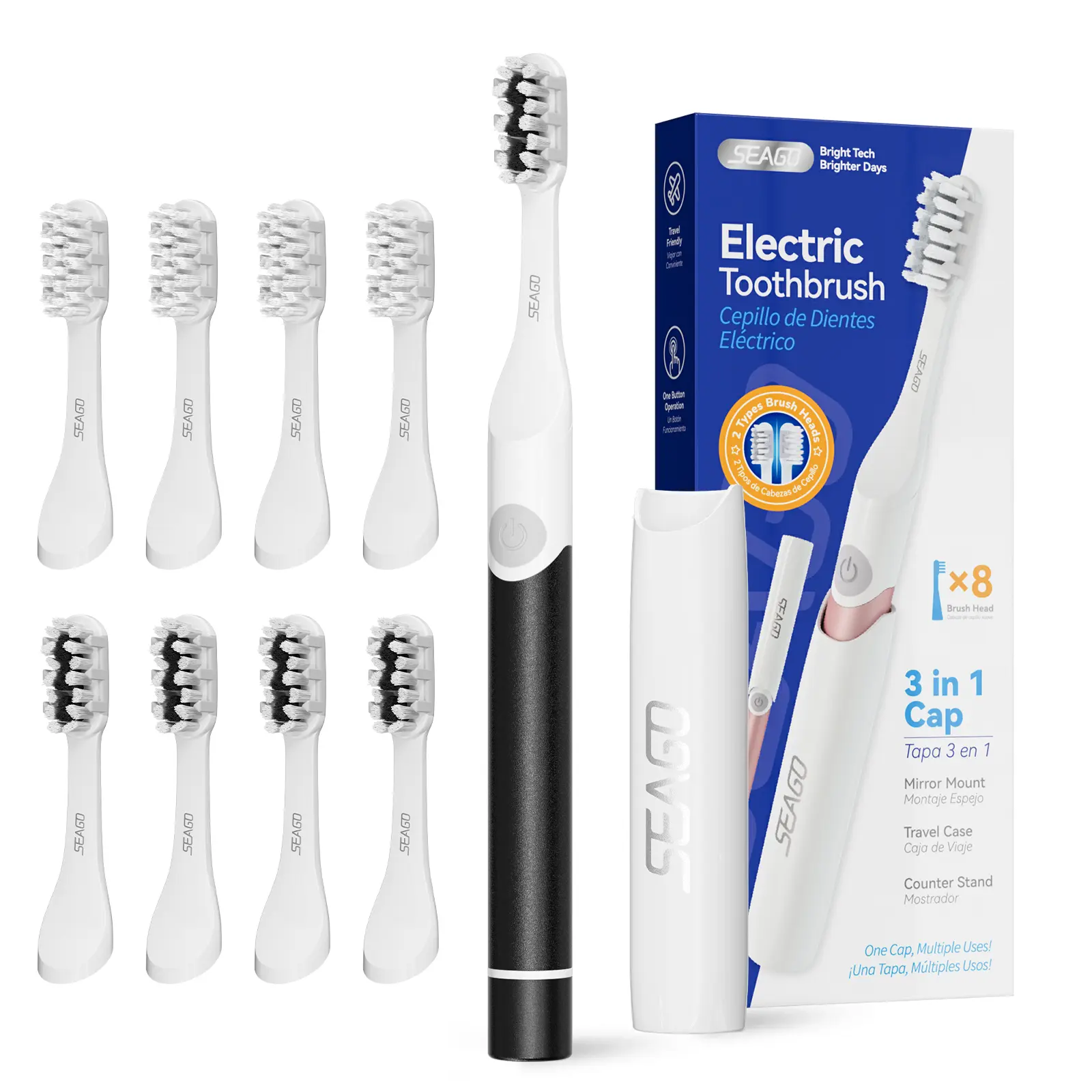 SEAGO Electric Toothbrush for Adults - 3 in 1 Holder with 8 pcs Replaceable Brush Battery Operated Travel Toothbrush kit Portable and 2 Minute Timer