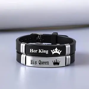 Jewelry Sets for Him and Her - 2Pcs Crown Her King His Queen Stainless Steel Silicone Couple Bracelet Set - Black Steel Two-Piece Matching Accessories with Engraved  Engraving - Valentine's Day Holiday Party Birthday Gifts