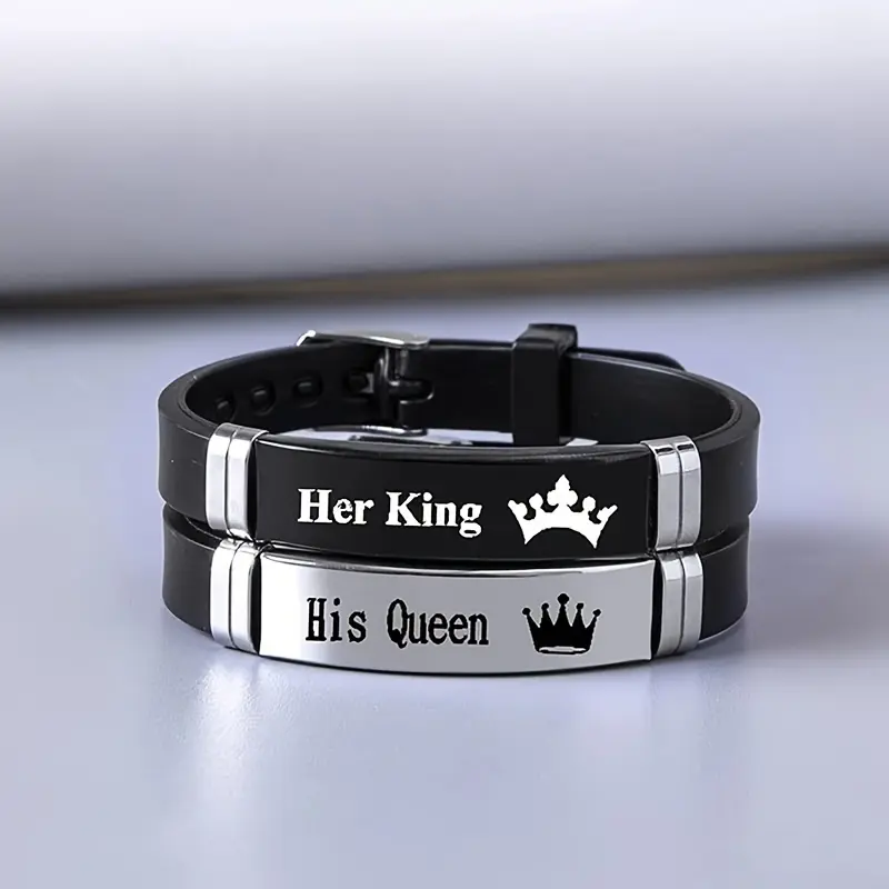 Jewelry Sets for Him and Her - 2Pcs Crown Her King His Queen Stainless Steel Silicone Couple Bracelet Set - Black Steel Two-Piece Matching Accessories with Engraved  Engraving - Valentine's Day Holiday Party Birthday Gifts