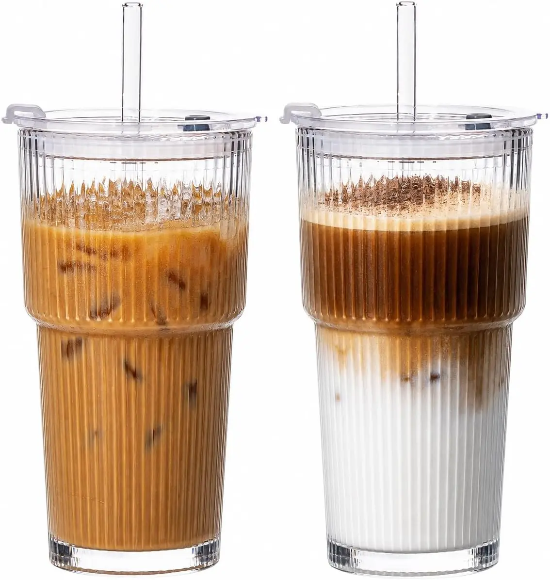 20oz Glass Tumblers with Straws and Lids 2 Pack, Ribbed Glass Cups, Leak Resistant Iced Coffee Cups, Thick Reusable Drinking Glasses, Fits Car Cup Holder, Clear Travel Coffee Cups