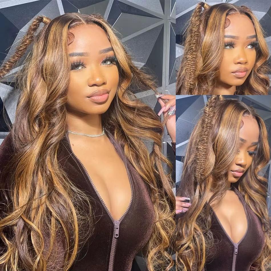 Hot Star Highlight Ombre Straight and Body Wave 13x6 HD Transparent Lace Front P4/27 Color Human Hair Wigs Pre Plucked for Women