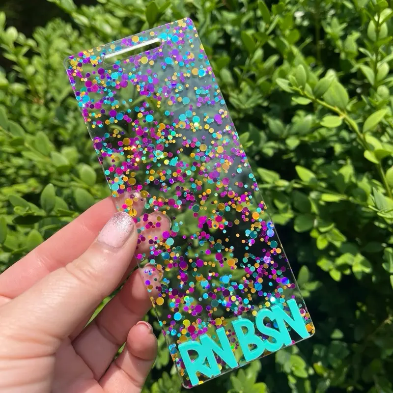 Acrylic Badge Buddy with Cute 3D Lettering for Custom Look - Horizontal 3.4x3.1, Extended Horizontal 4.2x3.4, Vertical 4.5x2.25, Extended Vertical 5.5x2.25