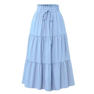 New Year Valentine's Day Long Skirts for Women Summer Solid Color Flowy Tiered  A line Elastic High Waist Skirt