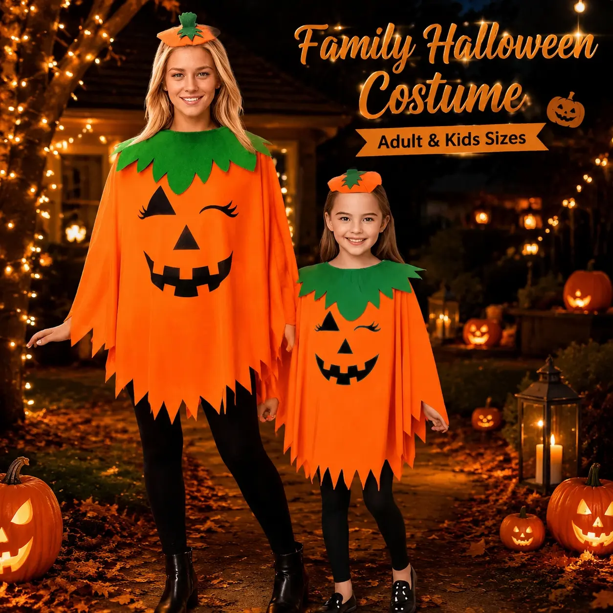 Mommy and Me Pumpkin Halloween Costume, Matching Adult & Kids Pumpkin Poncho Outfit, Glow in the Dark Trick or Treat Costume Set