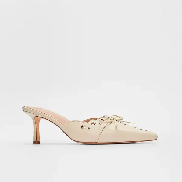 JUST FAB Women's Elegant Eco Leather Kitten Heel Mules - Pointed Toe Slip-On Scalloped Bow Dress Shoes, Narrow-Friendly Footwear for Date Nights, Kitten Heels for Women【Wide Feet PLS SIZE UP 】 Summer Stylish Fashion