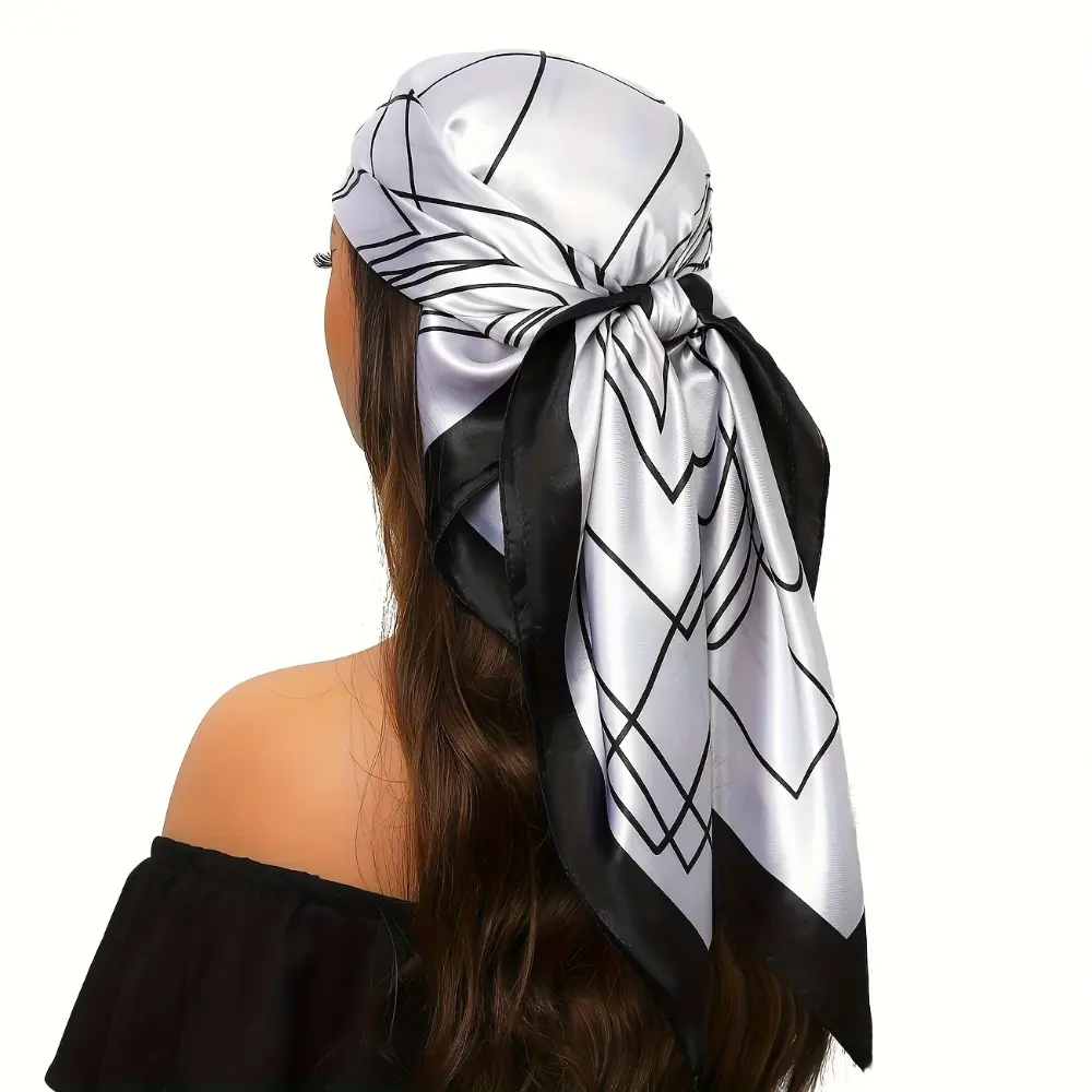 Unisex Polyester Square Head Scarf - 35.43in x 35.43in Large, Elegant Black-and-White Print, Lightweight Thin Bow Design, Casual Chic Style, Ideal for Beach & Outdoor Fashion Accessory, Black-And-White Head Scarves, Casual Head Scarves