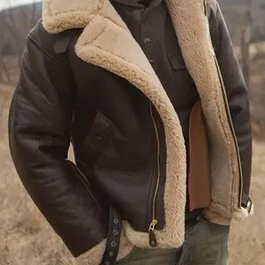 Mens Bomber Jacket Vintage Faux Fur Coat Sherpa Lined Heavyweight Shearing Coat Faux Leather Jackets Trench Coat