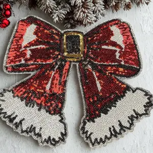Santa Bow Sequined Fabric Iron-On Patch Pink Sequined Santa Baby Embroidery for Jackets Dresses DIY Christmas Decoration Hand Sewing Craft Supplies