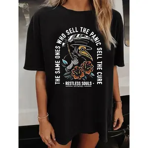 "Women’s 180g Black Cotton Crewneck Short Sleeve Graphic T-Shirt with ‘The Same Ones Who Sell the Panic Sell the Cure’ Print, Edgy Streetwear Style Tees, Restless Souls Apparel Design"